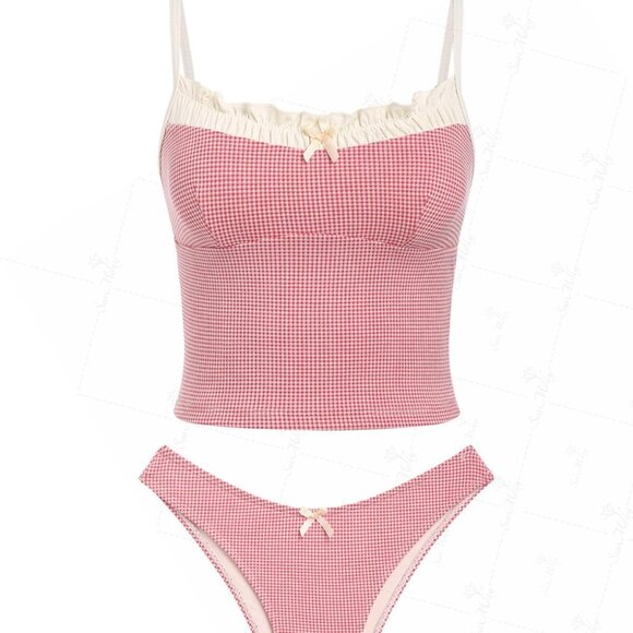 Seamolly Gingham Spliced Ruched Ruffles Bowknot Decor Cheeky Tankini Set, Red, M - Picture 1 of 7